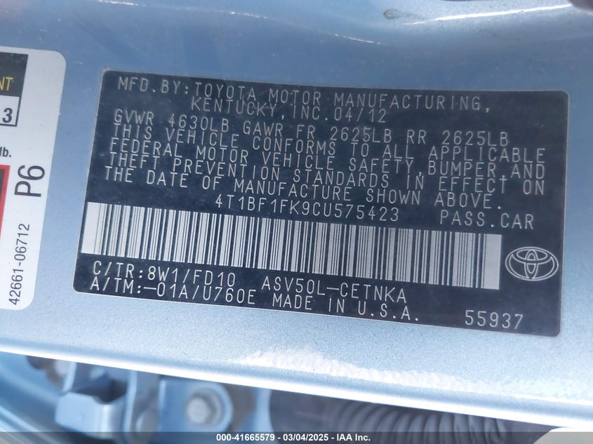 2012 TOYOTA CAMRY VIN: 4T1BF1FK9CU575423