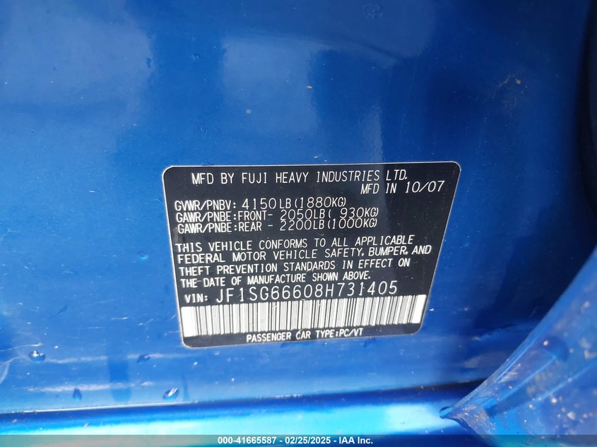 2008 Subaru Forester Sports 2.5X VIN: JF1SG66608H731405 Lot: 41665587