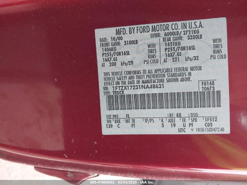 2001 Ford F-150 Xl/Xlt VIN: 1FTZX17231NA48631 Lot: 41665652