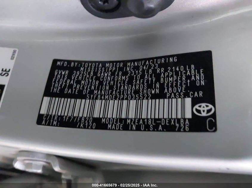 2023 TOYOTA COROLLA VIN: 5YFB4MDE2PP035522
