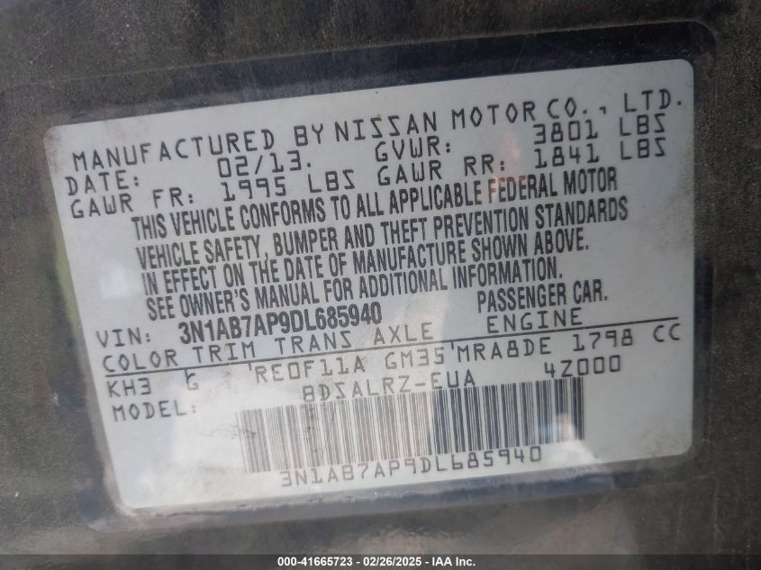 2013 Nissan Sentra Sr VIN: 3N1AB7AP9DL685940 Lot: 41665723