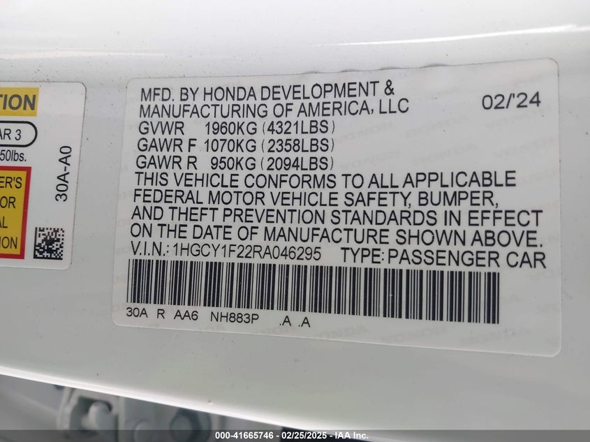 2024 HONDA ACCORD VIN: 1HGCY1F22RA046295