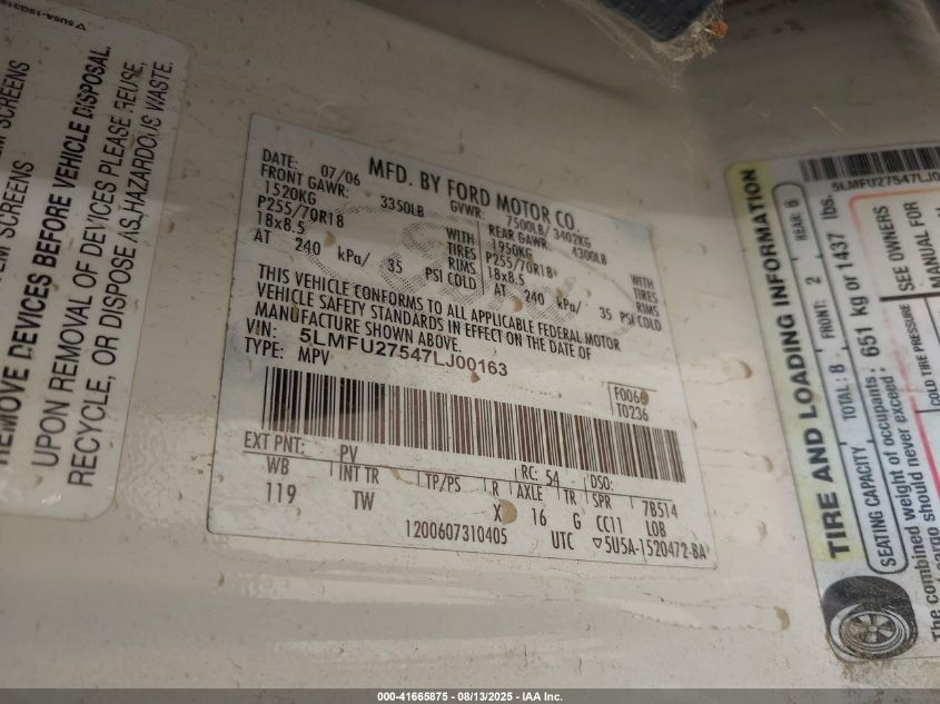 2007 Lincoln Navigator Ultimate VIN: 5LMFU27547LJ00163 Lot: 41665875