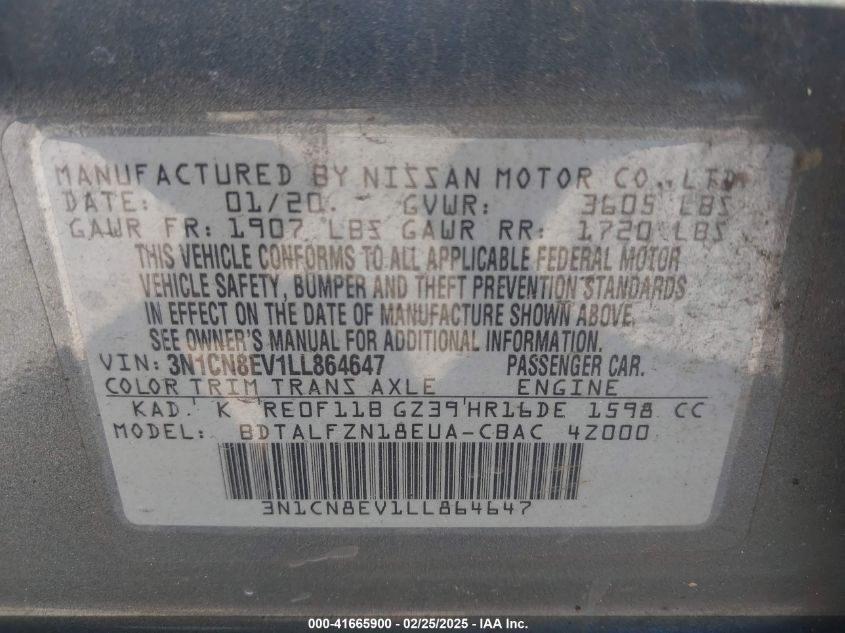 2020 NISSAN VERSA SV XTRONIC CVT - 3N1CN8EV1LL864647