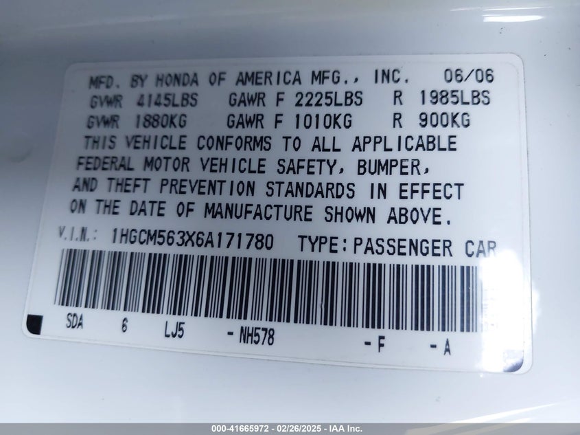 2006 HONDA ACCORD VIN: 1HGCM563X6A171780