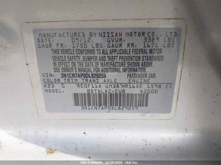 2013 NISSAN VERSA VIN: 3N1CN7AP0DL829259