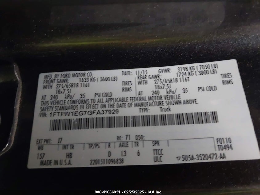 2016 FORD F-150 VIN: 1FTFW1EG7GFA37929