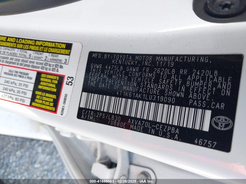 2020 TOYOTA CAMRY VIN: 4T1K61AK1LU319090