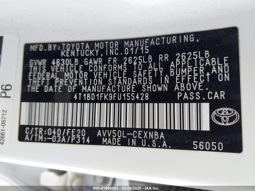 2015 TOYOTA CAMRY HYBRID VIN: 4T1BD1FK9FU155428