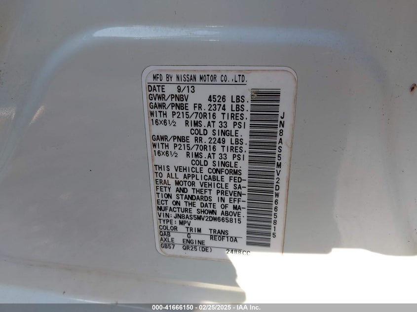 2013 NISSAN ROGUE VIN: JN8AS5MV2DW665815