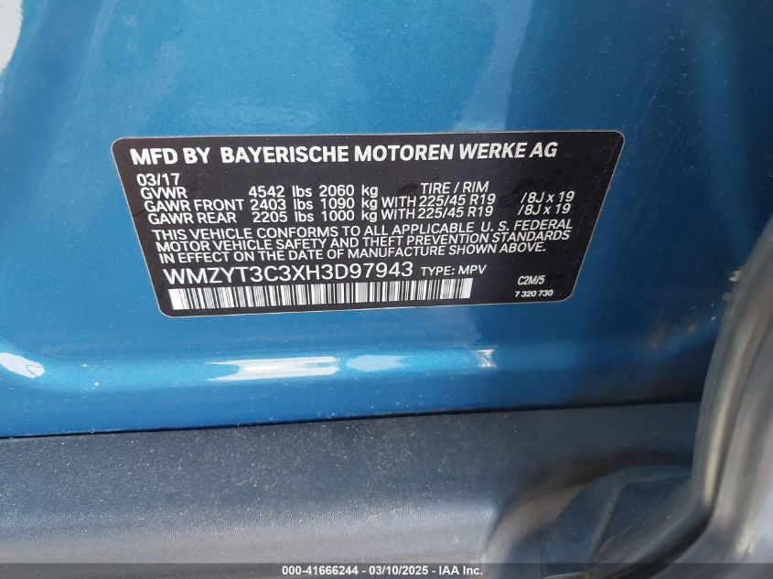 2017 Mini Countryman Cooper S VIN: WMZYT3C3XH3D97943 Lot: 41666244