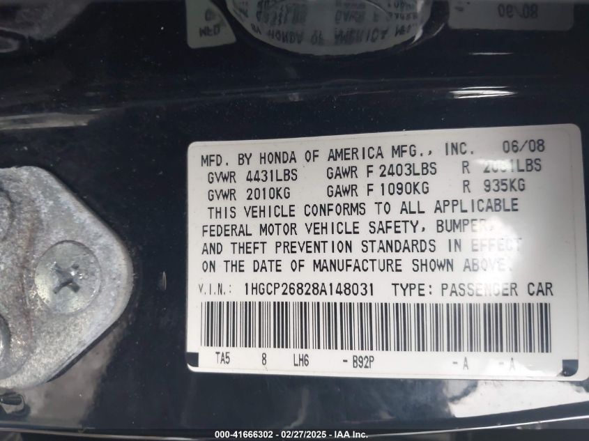 2008 Honda Accord 2.4 Ex-L VIN: 1HGCP26828A148031 Lot: 41666302