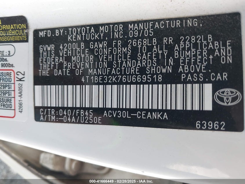 2006 TOYOTA CAMRY VIN: 4T1BE32K76U669518