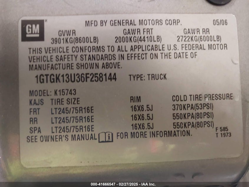 2006 GMC SIERRA 1500HD VIN: 1GTGK13U36F258144