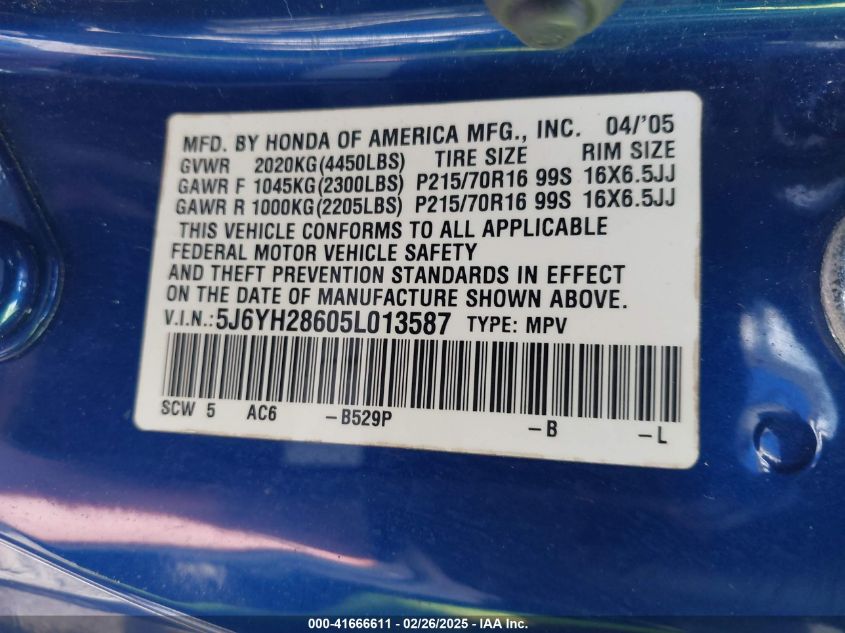 2005 Honda Element Ex VIN: 5J6YH28605L013587 Lot: 41666611