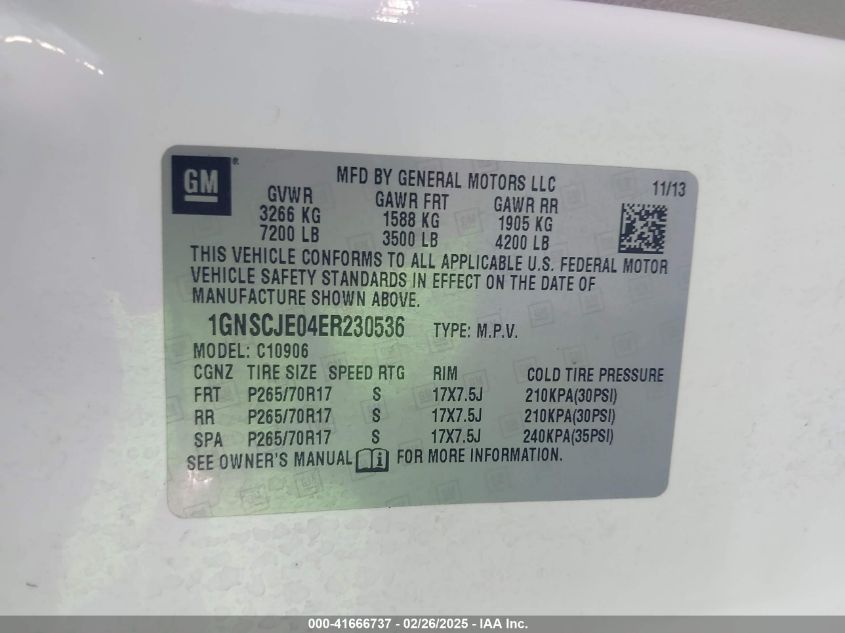 2014 Chevrolet Suburban 1500 Lt VIN: 1GNSCJE04ER230536 Lot: 41666737