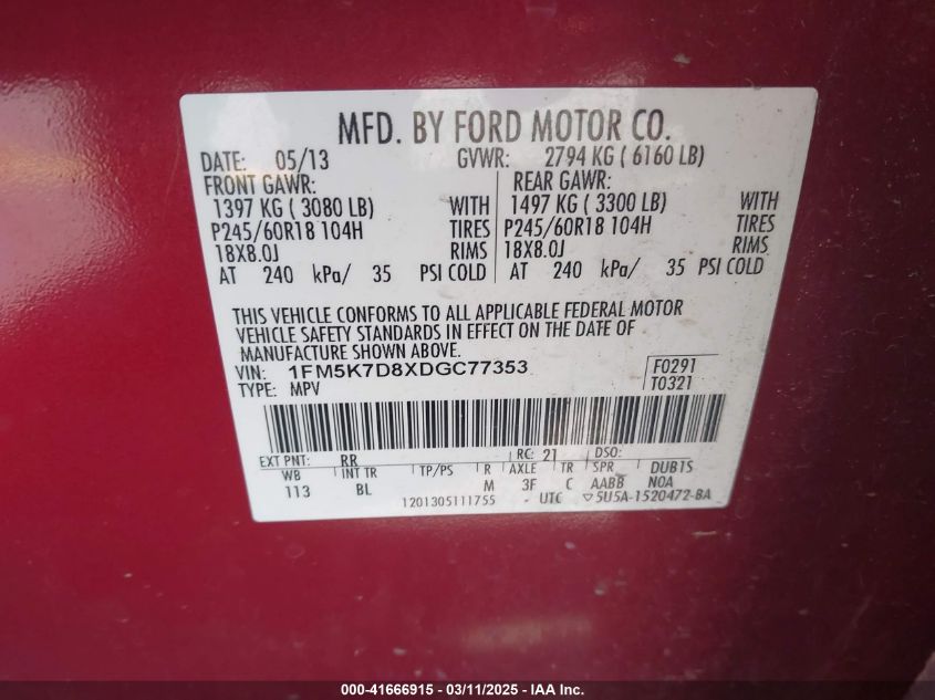 2013 Ford Explorer Xlt VIN: 1FM5K7D8XDGC77353 Lot: 41666915