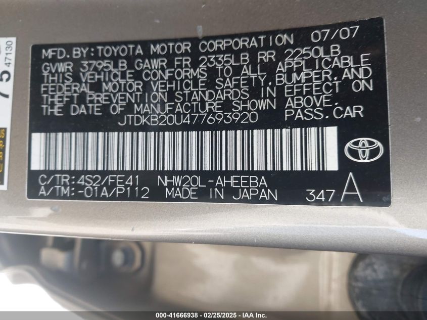 2007 Toyota Prius VIN: JTDKB20U477693920 Lot: 41666938