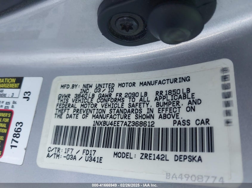 2010 TOYOTA COROLLA VIN: 1NXBU4EE7AZ368612
