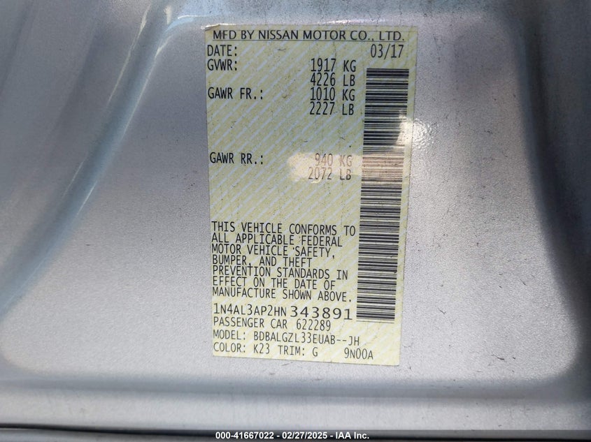 2017 NISSAN ALTIMA VIN: 1N4AL3AP2HN343891