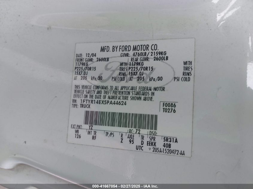 2005 Ford Ranger Edge/Stx/Xl/Xlt VIN: 1FTYR14EX5PA44624 Lot: 41667054