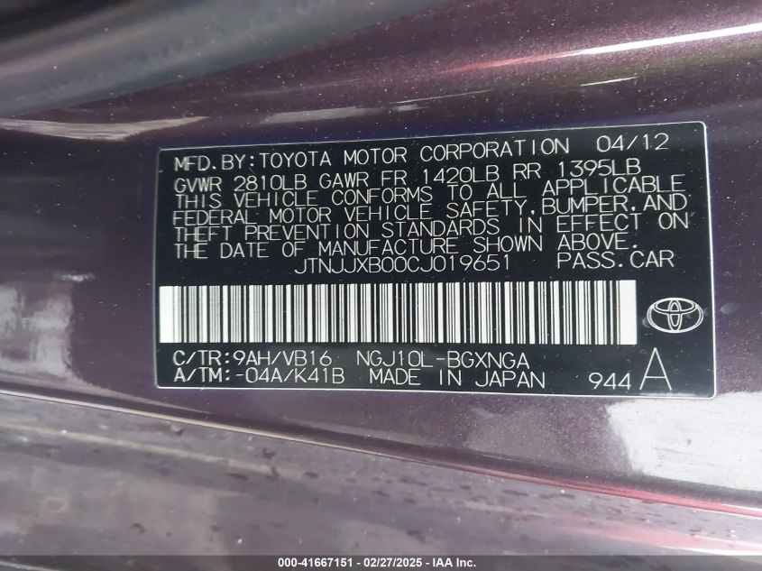 2012 Scion Iq VIN: JTNJJXB00CJ019651 Lot: 41667151