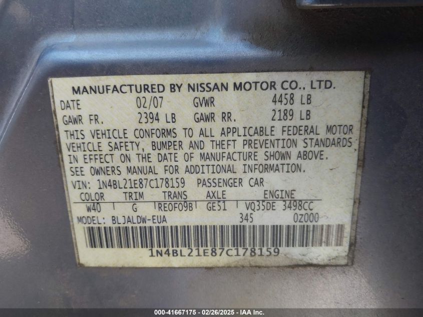 2007 Nissan Altima 3.5 Se VIN: 1N4BL21E87C178159 Lot: 41667175