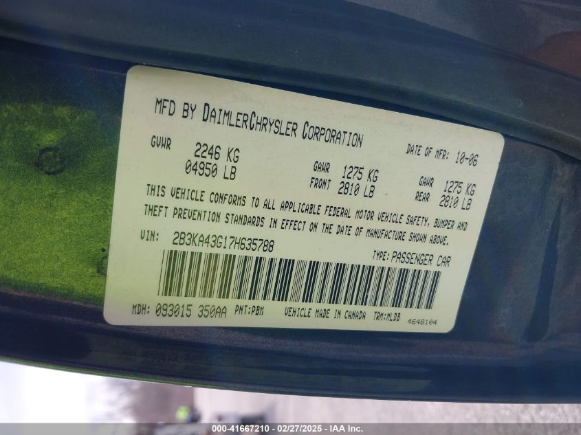 2007 Dodge Charger VIN: 2B3KA43G17H635788 Lot: 41667210