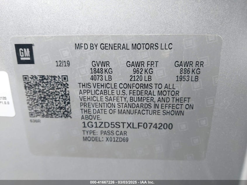 2020 CHEVROLET MALIBU VIN: 1G1ZD5STXLF074200