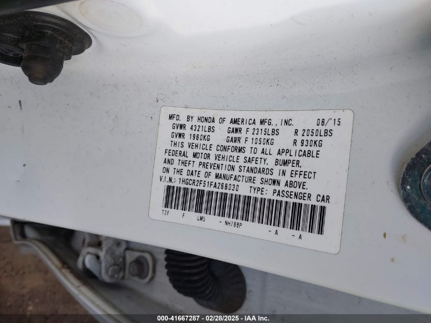 2015 Honda Accord Sport VIN: 1HGCR2F51FA268030 Lot: 41667287