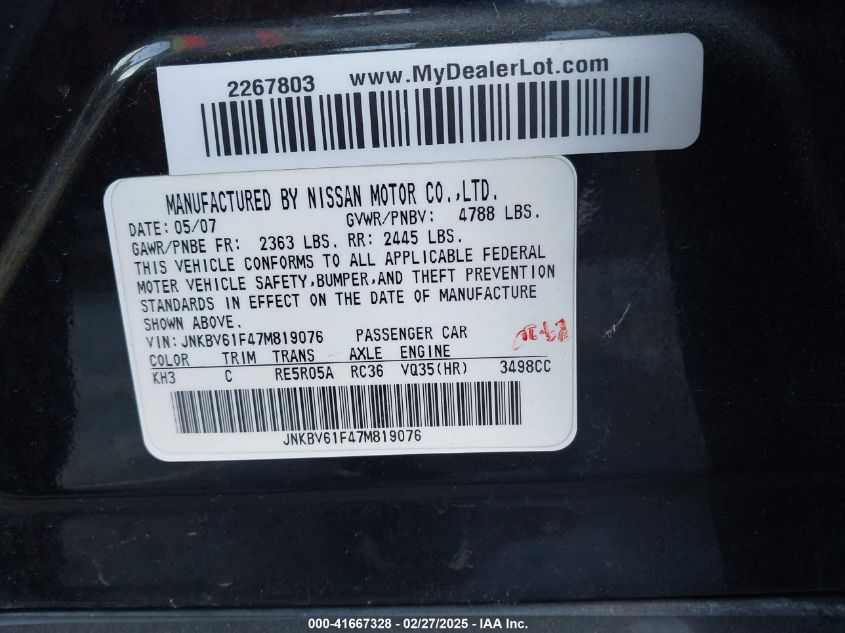 2007 Infiniti G35X VIN: JNKBV61F47M819076 Lot: 41667328