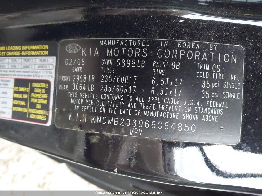 2006 Kia Sedona Ex/Lx VIN: KNDMB233966064850 Lot: 41667336
