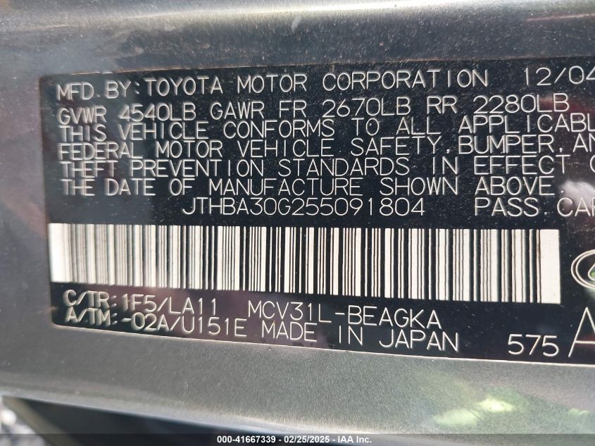 2005 Lexus Es 330 VIN: JTHBA30G255091804 Lot: 41667339