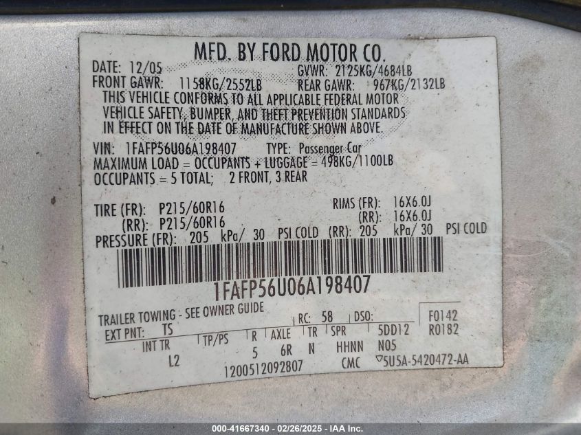2006 Ford Taurus Sel VIN: 1FAFP56U06A198407 Lot: 41667340