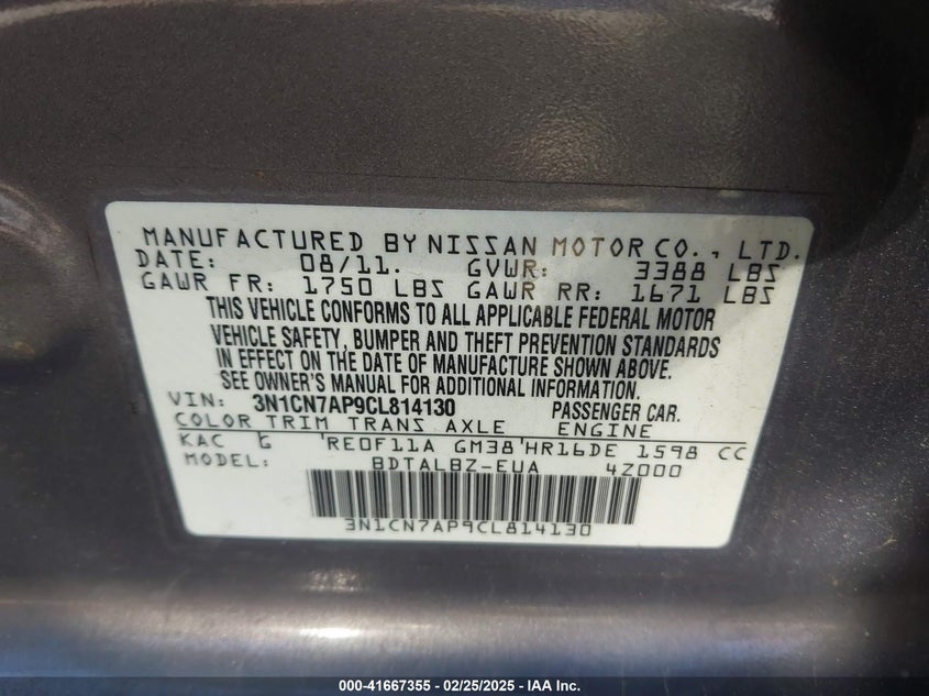 2012 Nissan Versa 1.6 Sv VIN: 3N1CN7AP9CL814130 Lot: 41667355