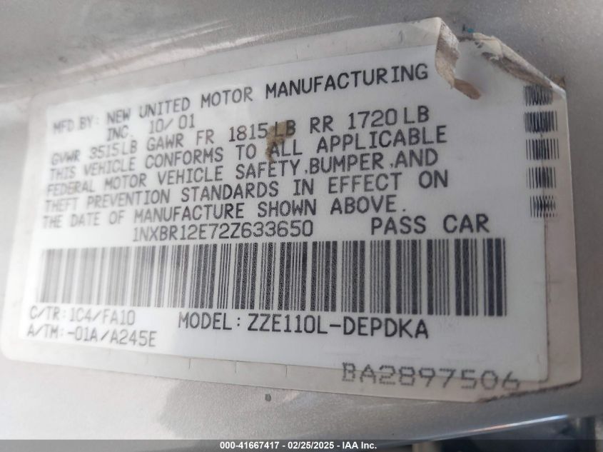 2002 Toyota Corolla Le VIN: 1NXBR12E72Z633650 Lot: 41667417