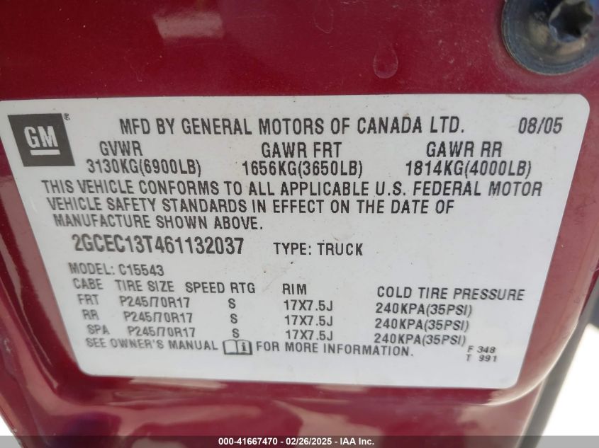 2006 Chevrolet Silverado 1500 Lt1 VIN: 2GCEC13T461132037 Lot: 41667470