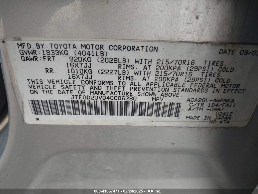 2004 Toyota Rav4 VIN: JTEGD20V040006280 Lot: 41667471