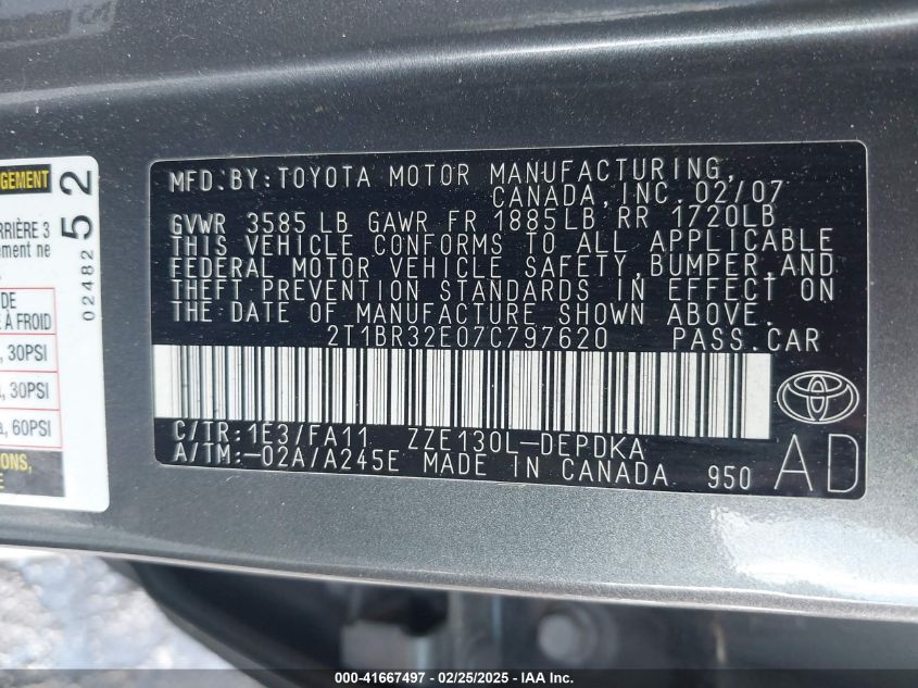 2007 Toyota Corolla Ce VIN: 2T1BR32E07C797620 Lot: 41667497