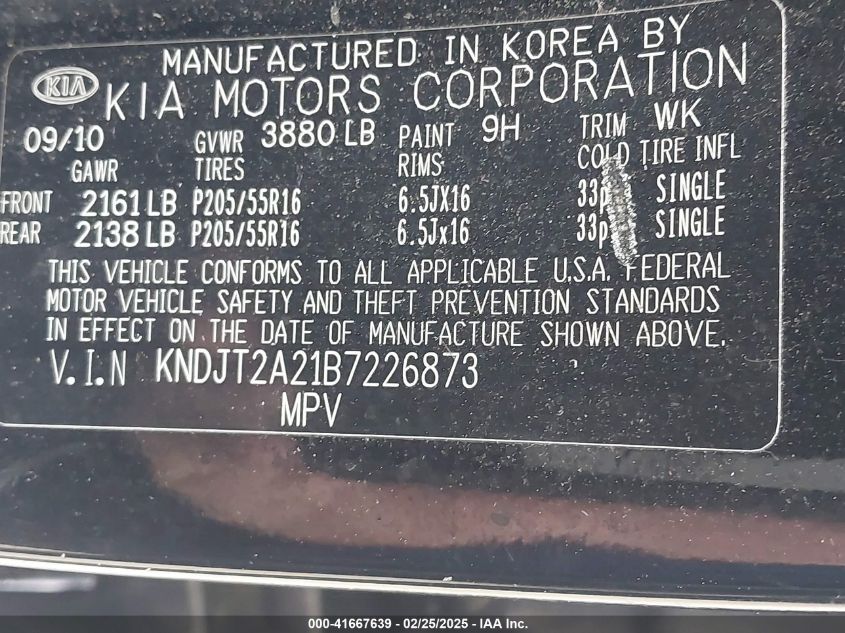 2011 Kia Soul + VIN: KNDJT2A21B7226873 Lot: 41667639