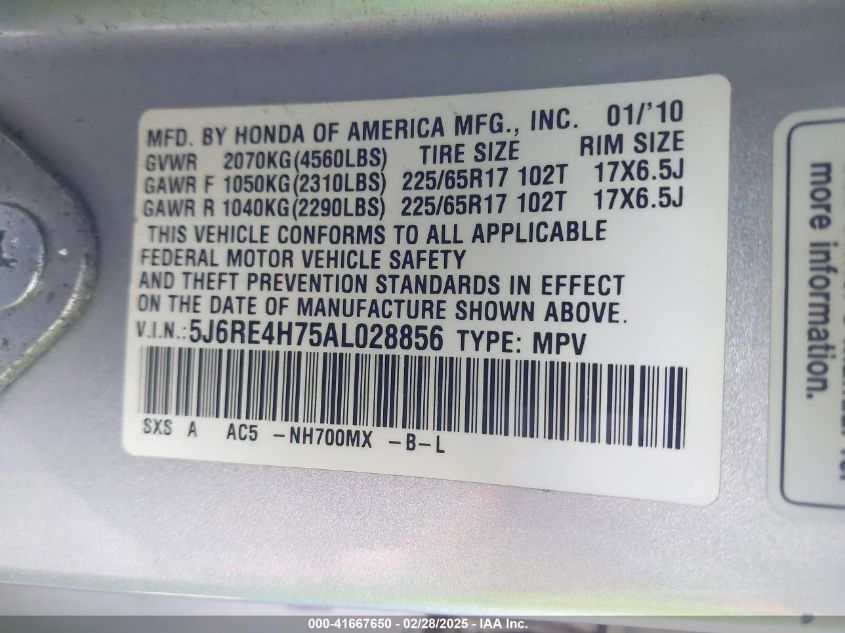 2010 Honda Cr-V Ex-L VIN: 5J6RE4H75AL028856 Lot: 41667650