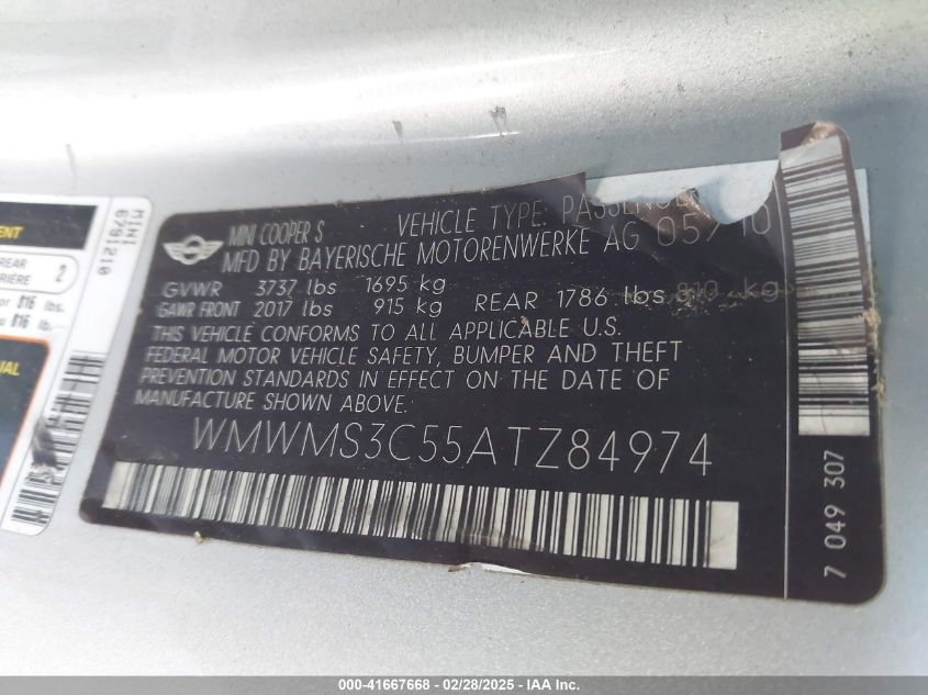 2010 Mini Cooper S VIN: WMWMS3C55ATZ84974 Lot: 41667668
