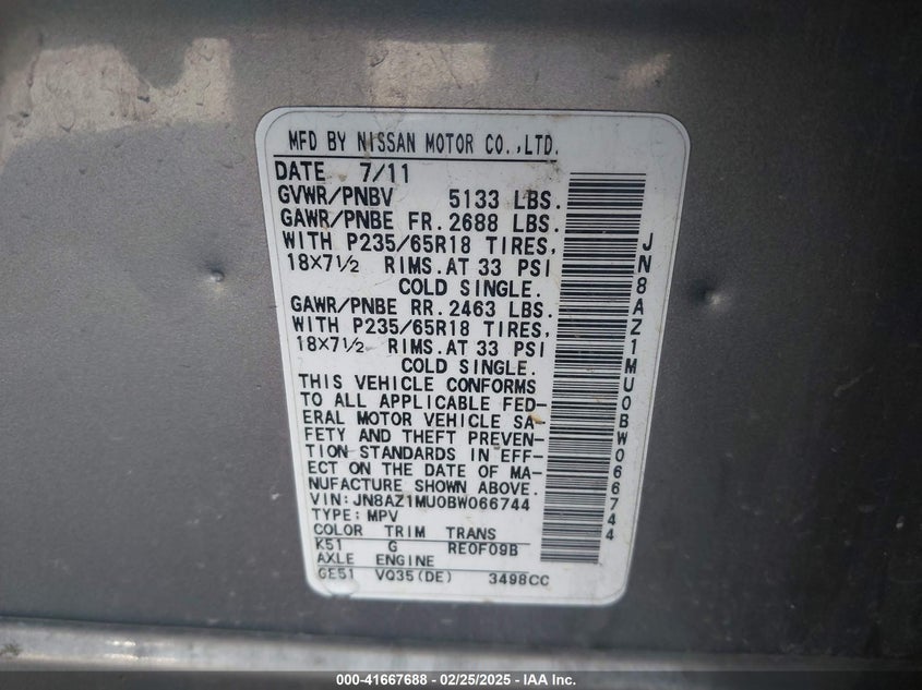 2011 NISSAN MURANO VIN: JN8AZ1MU0BW066744