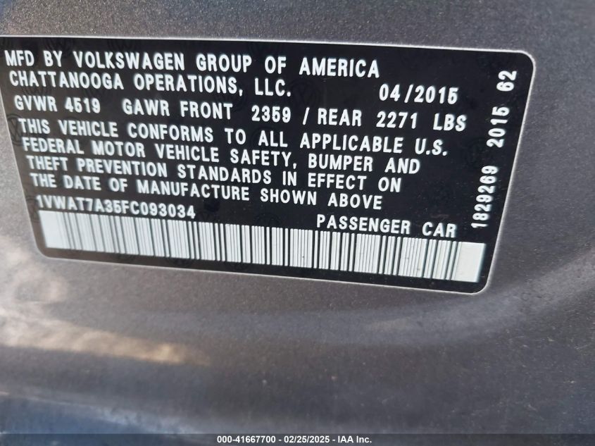 2015 Volkswagen Passat 1.8T Wolfsburg Edition VIN: 1VWAT7A35FC093034 Lot: 41667700