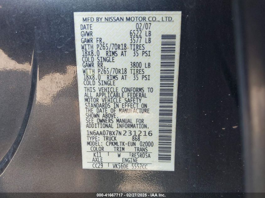 2007 Nissan Titan Se VIN: 1N6AA07BX7N231216 Lot: 41667717