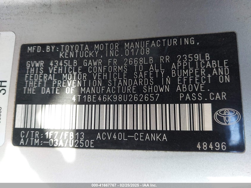 2008 TOYOTA CAMRY VIN: 4T1BE46K98U262657