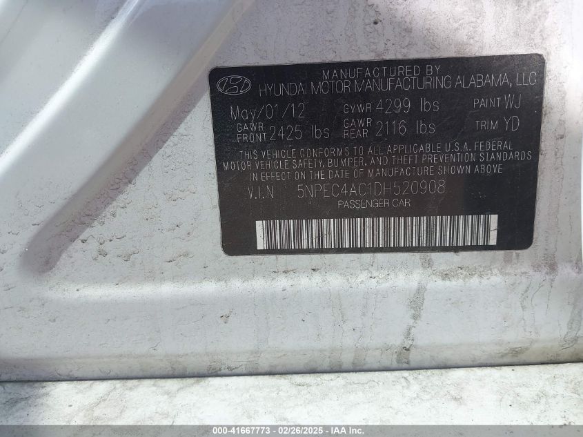 2013 Hyundai Sonata Limited VIN: 5NPEC4AC1DH520908 Lot: 41667773