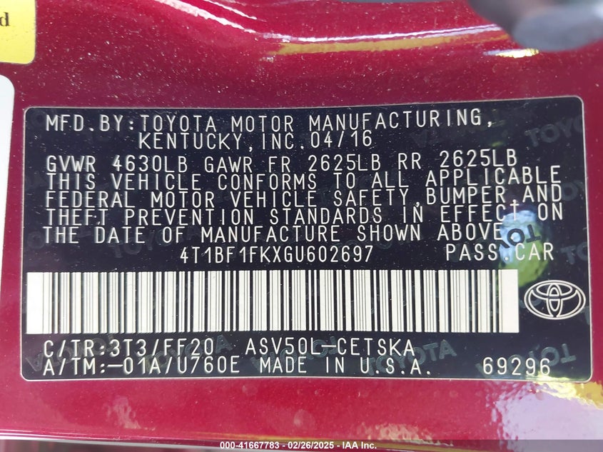 2016 TOYOTA CAMRY VIN: 4T1BF1FKXGU602697