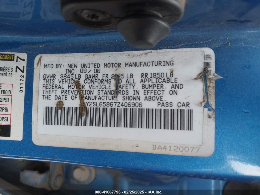 2007 Pontiac Vibe VIN: 5Y2SL65867Z406906 Lot: 41667795