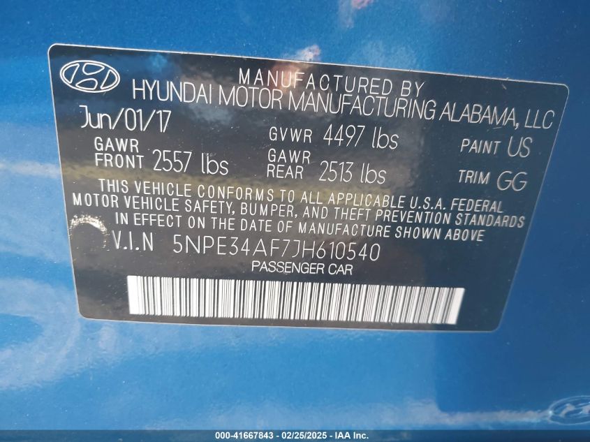 2018 Hyundai Sonata Sel VIN: 5NPE34AF7JH610540 Lot: 41667843